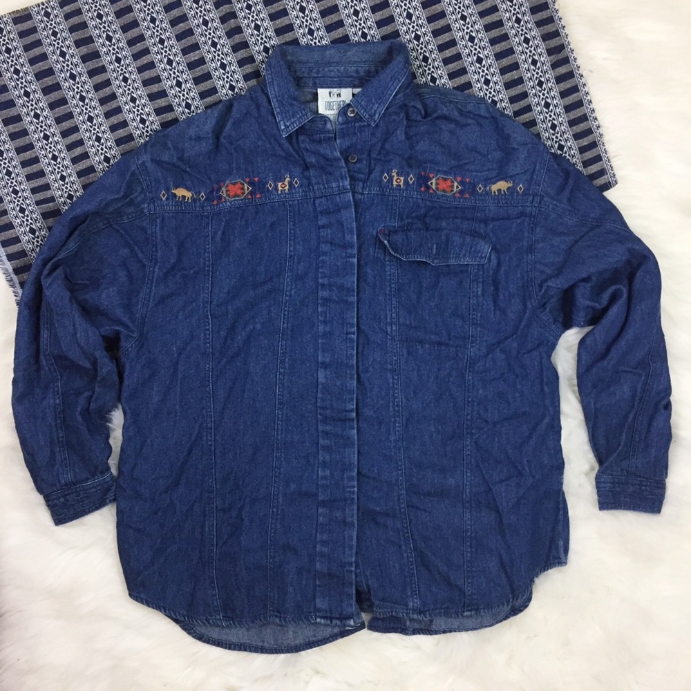 Vintage Denim Button Down Fall Deer Aztec Print
